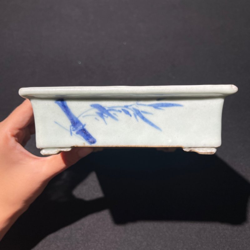 清乾隆 豆青釉青花釉里红诗文水仙盆 - 图3
