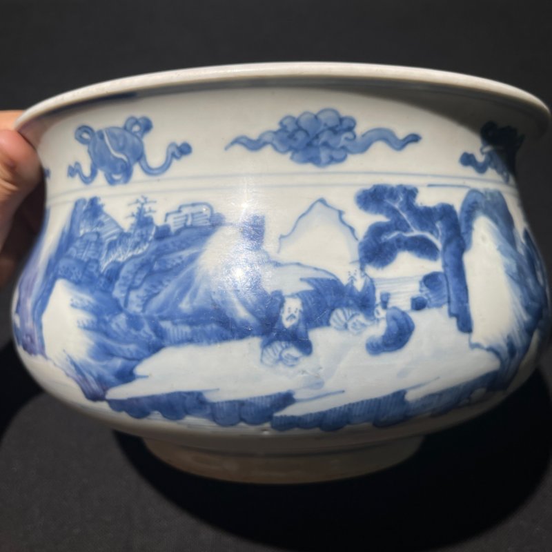 清康熙 青花山水纹香炉 - 图2