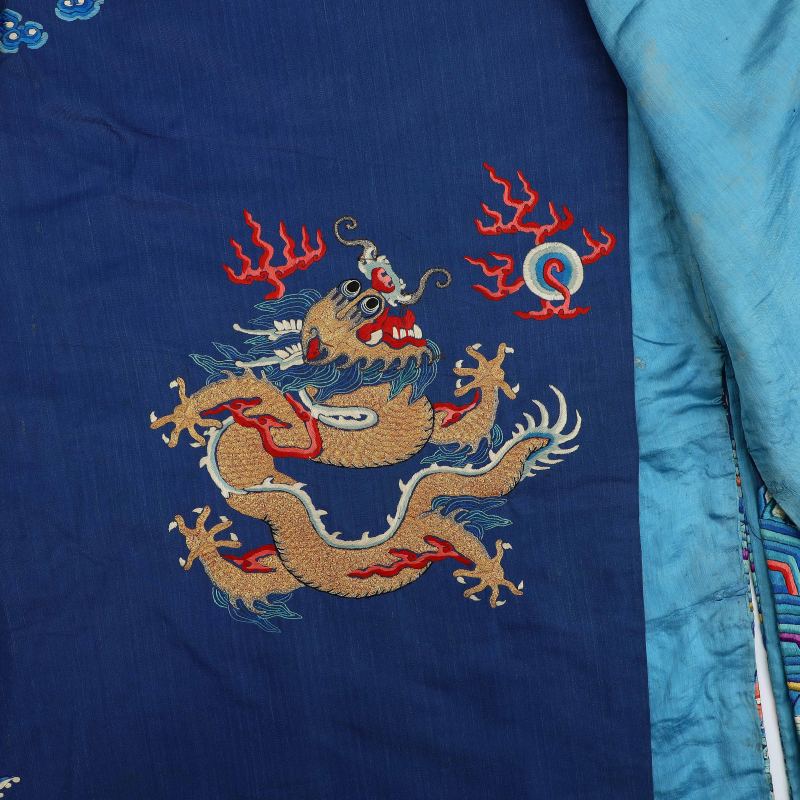 清 蓝地彩绣盘金龙纹吉服袍 - 图10