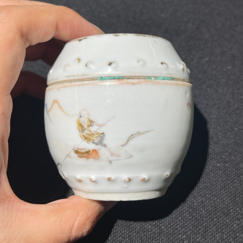 清光绪 粉彩山水人物故事图小鼓钉罐 - 图4