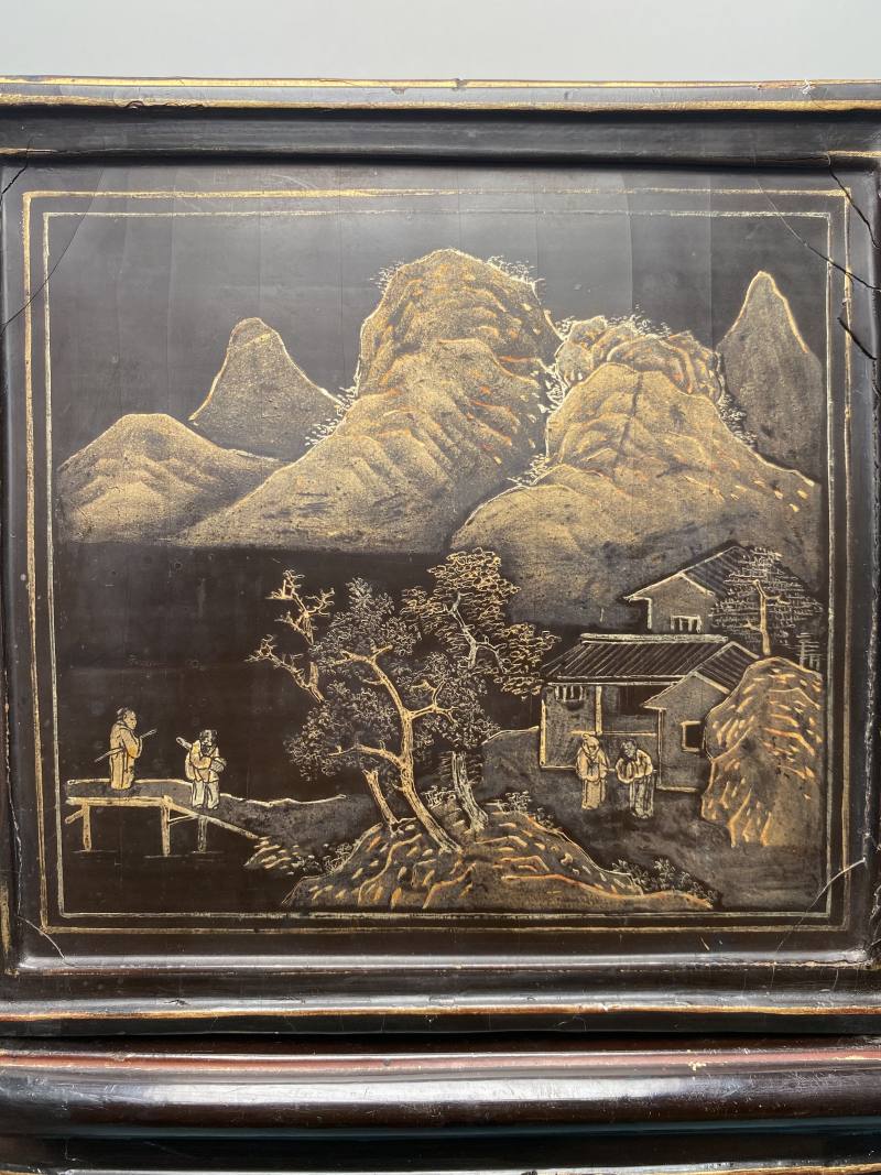 清 黑漆描金诗文携琴访友图印箱 - 图10