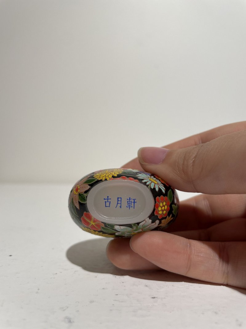 十九/二十世紀 白地套綠玻璃花鳥紋、淺綠地套三色玻璃蝶戀花紋、白地套藍玻璃行龍紋、玻璃胎畫琺琅花卉紋、多色玻璃葫蘆式、白地套墨黑玻璃印章紋鼻煙壺七件 其二⌈古月軒⌋藍料楷書款、⌈乾隆年製⌋青花楷書款 | SEVEN GLASS SNUFF BOTTLES - 图39