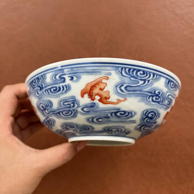 清光绪 “清华珍品”款青花矾红洪福齐天纹碗 - 图6