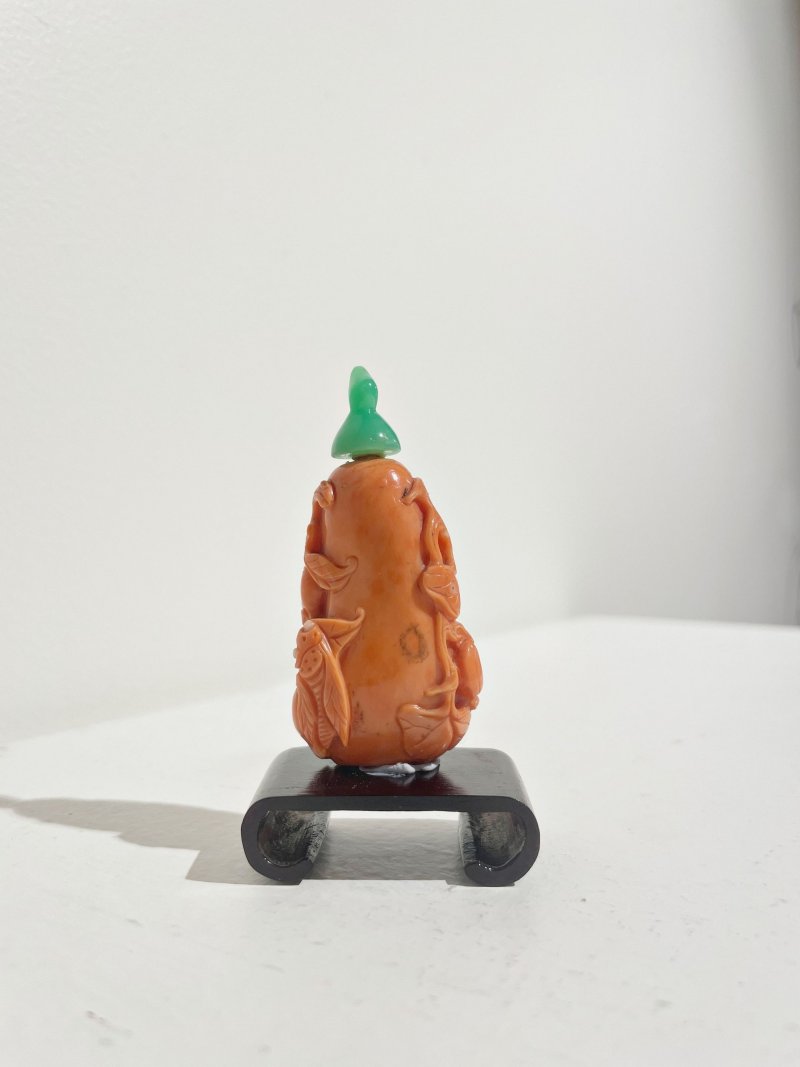 十九世紀 珊瑚鳴蟬瓜葉紋鼻煙壺 鳴蟬隨白芯點睛 | A CORAL 'CICADA AND MELON' SNUFF BOTTLE - 图10