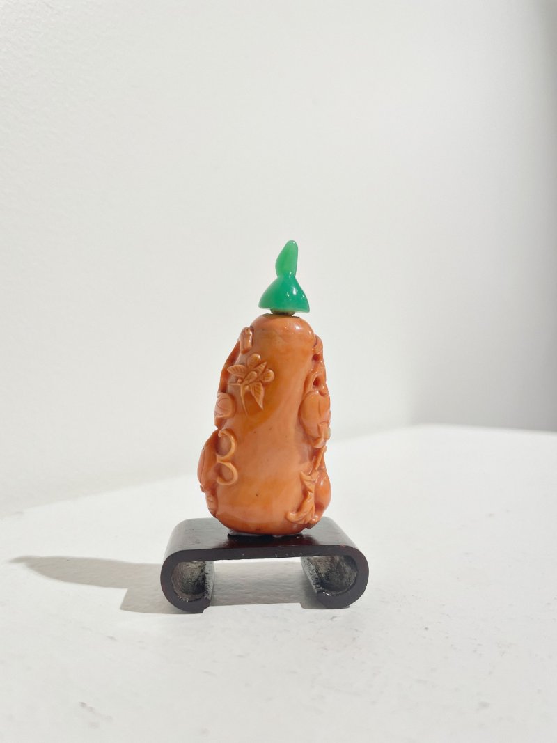 十九世紀 珊瑚鳴蟬瓜葉紋鼻煙壺 鳴蟬隨白芯點睛 | A CORAL 'CICADA AND MELON' SNUFF BOTTLE - 图11