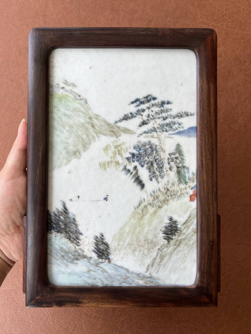 清光绪 浅绛彩山间泛舟图插屏 - 图3