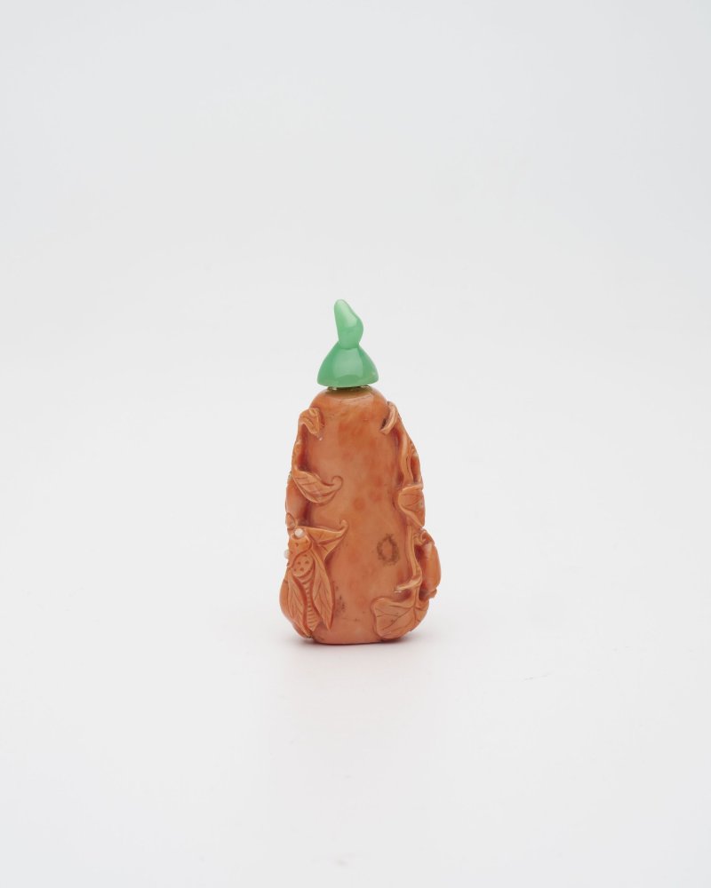 十九世紀 珊瑚鳴蟬瓜葉紋鼻煙壺 鳴蟬隨白芯點睛 | A CORAL 'CICADA AND MELON' SNUFF BOTTLE - 图12