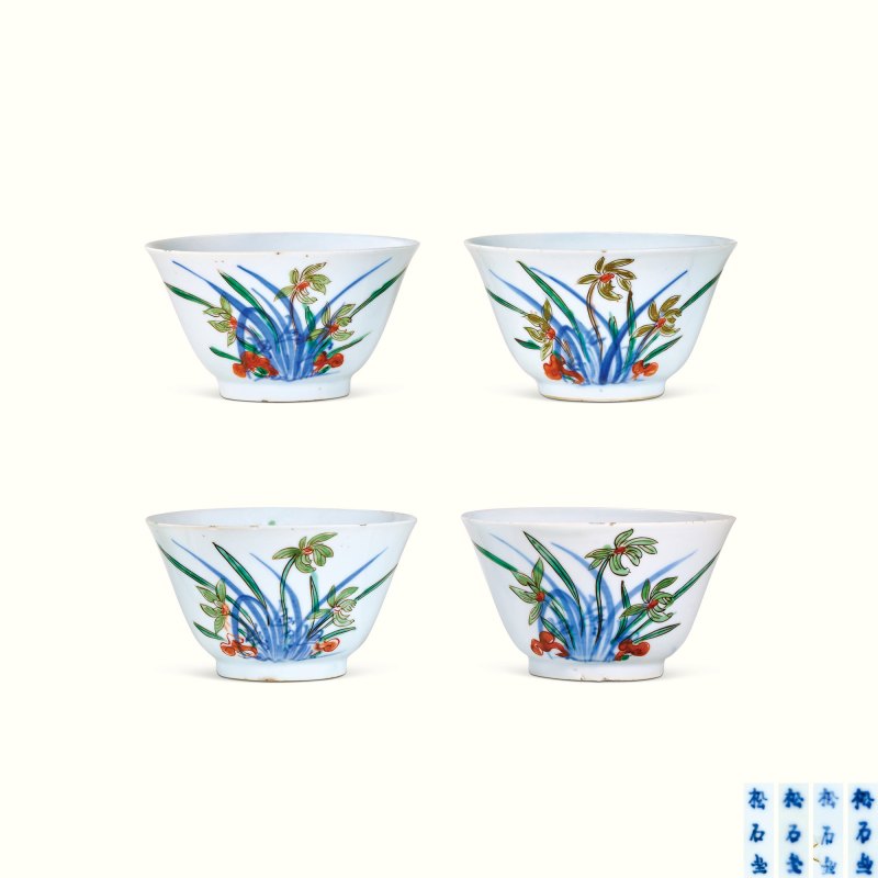 明天启-崇祯 “松石斋”款青花五彩灵仙祝寿茶碗一组四只