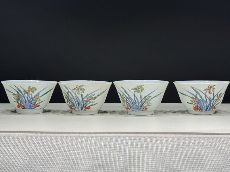 明天启-崇祯 “松石斋”款青花五彩灵仙祝寿茶碗一组四只 - 图3