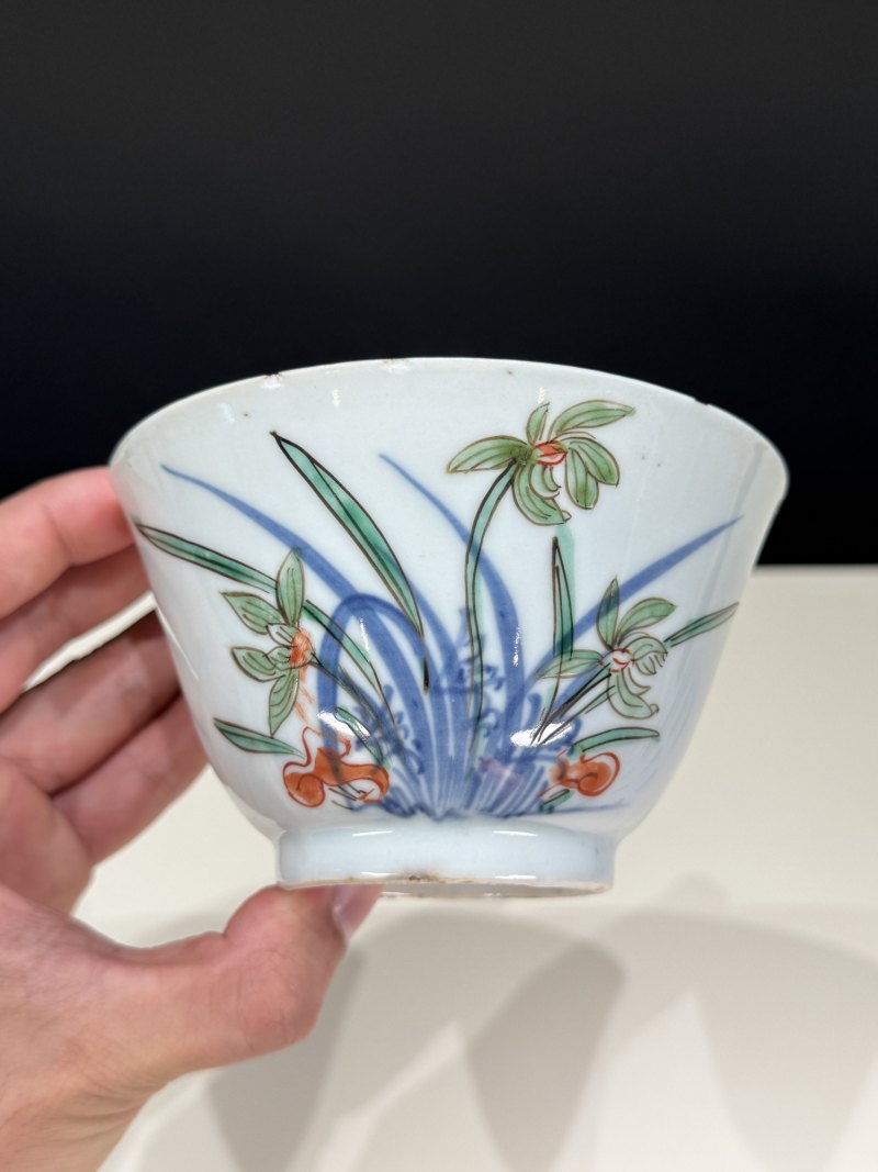 明天启-崇祯 “松石斋”款青花五彩灵仙祝寿茶碗一组四只 - 图7