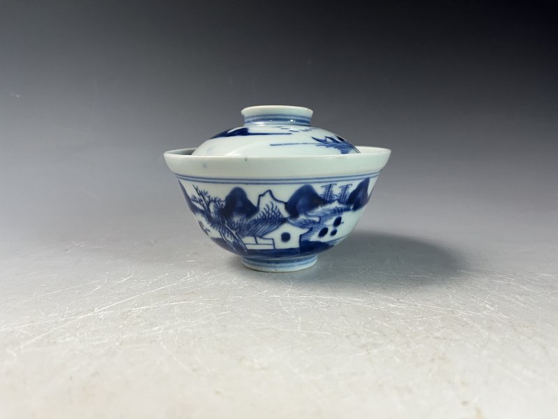 清中期 青花山水人物纹盖碗 - 图8
