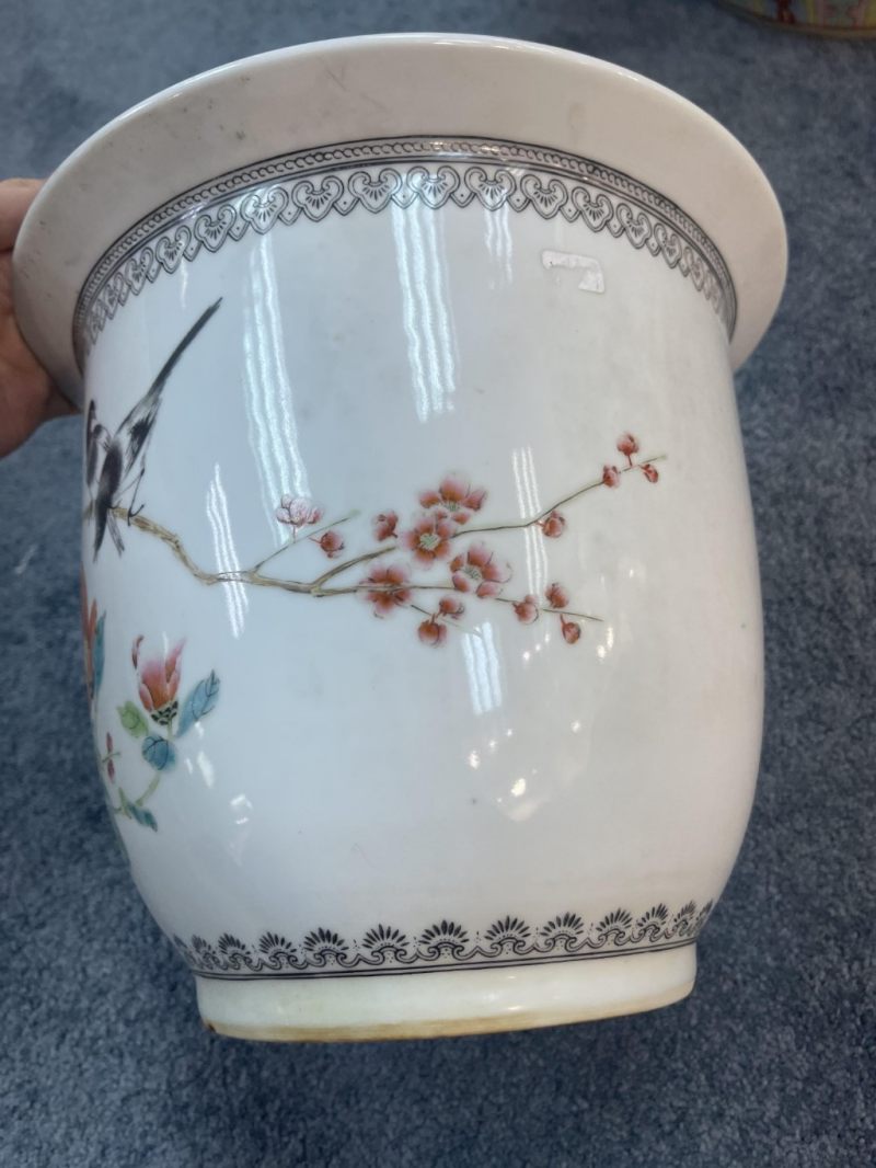    八十年代 粉彩花鳥梅花紋花盆一對 - 图7
