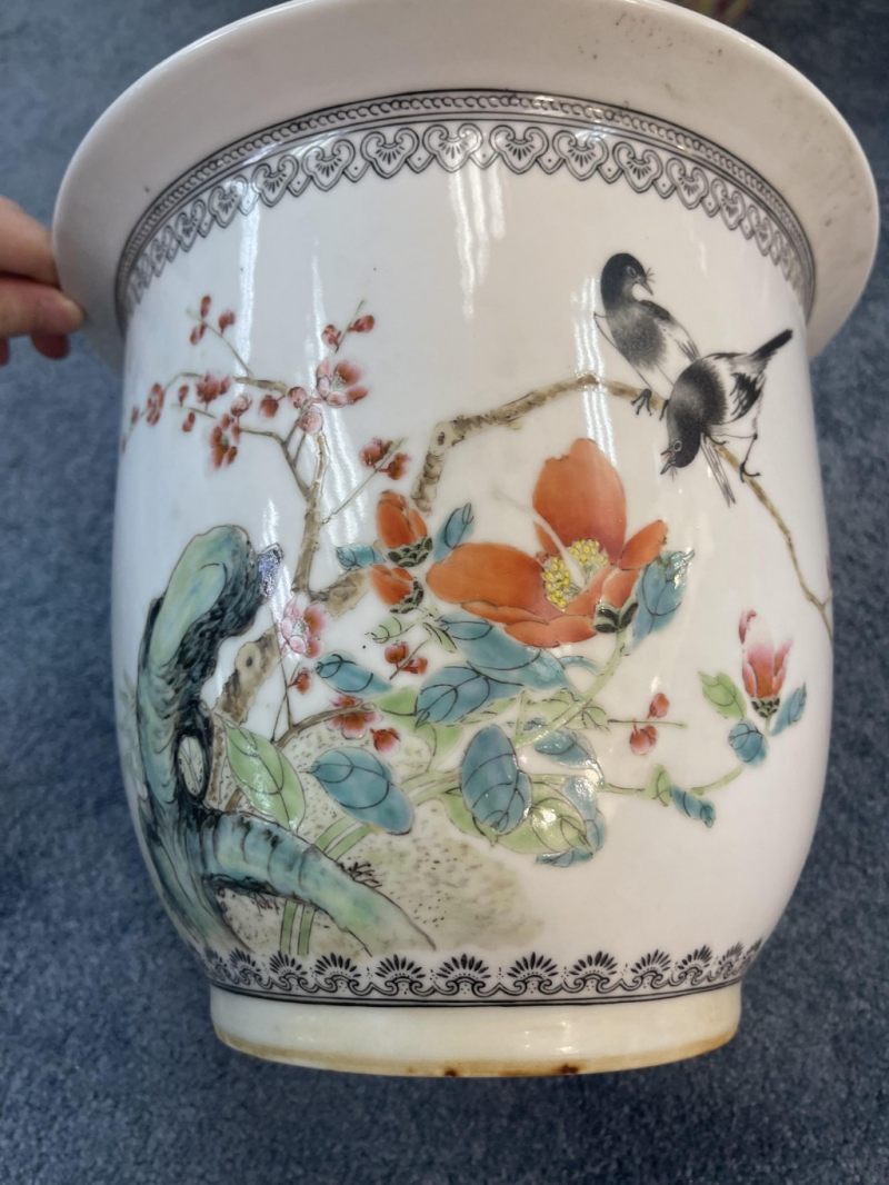    八十年代 粉彩花鳥梅花紋花盆一對 - 图8