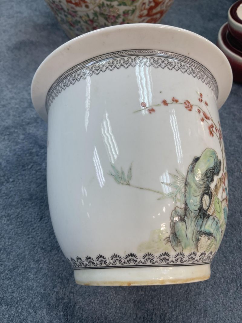    八十年代 粉彩花鳥梅花紋花盆一對 - 图9