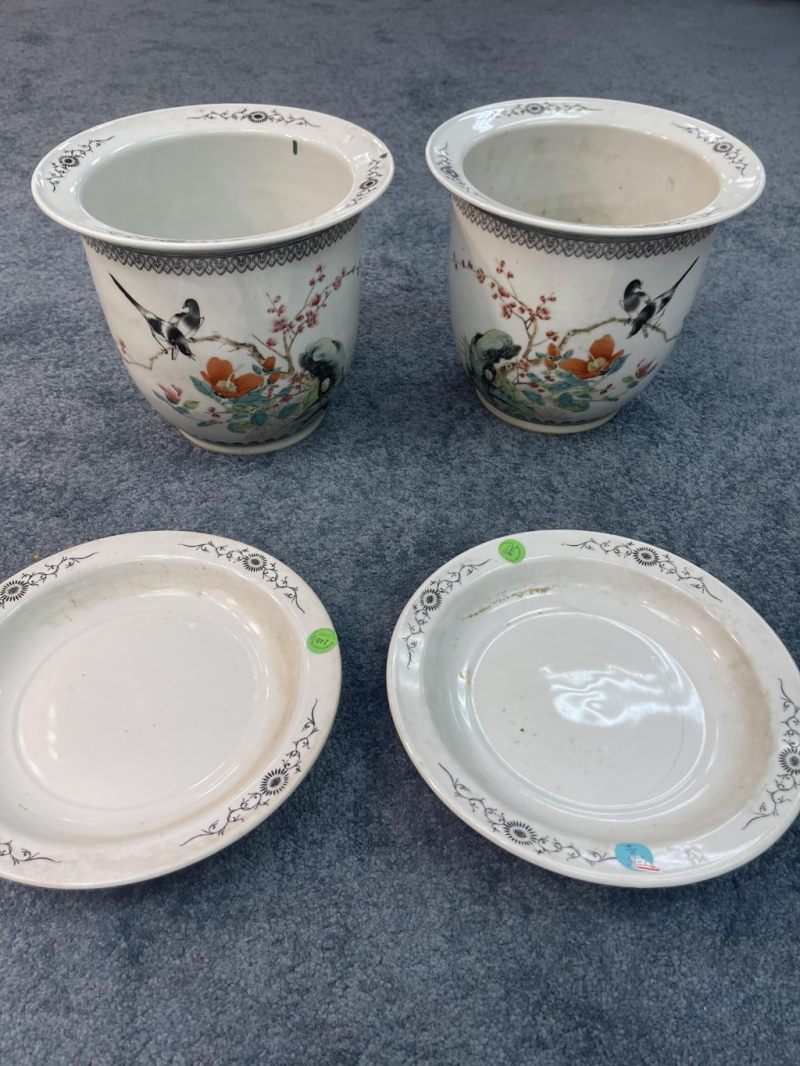    八十年代 粉彩花鳥梅花紋花盆一對 - 图11