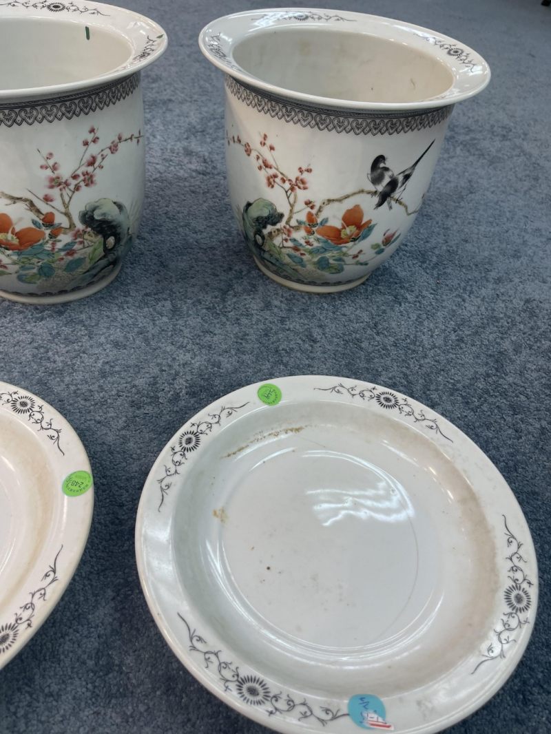    八十年代 粉彩花鳥梅花紋花盆一對 - 图12