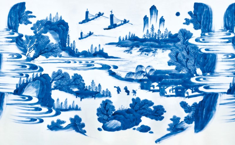 明崇祯 青花山水高士故事图筒瓶 - 图2