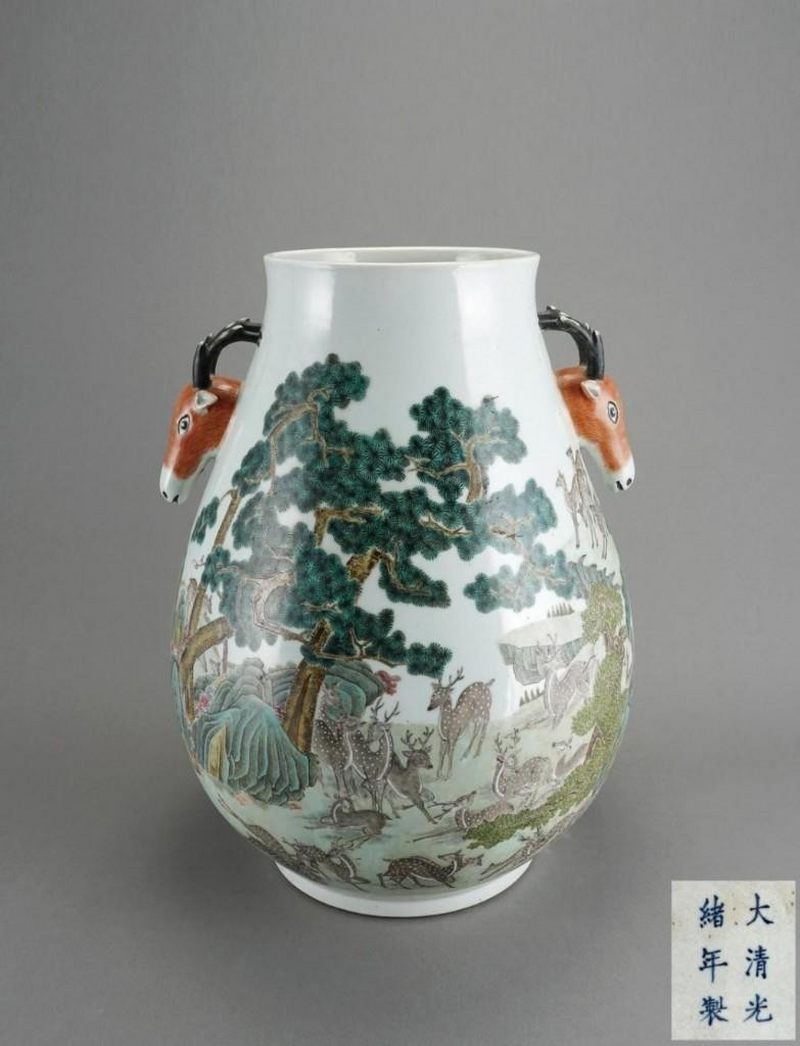    清末 粉彩百鹿尊“大清光緒年”製