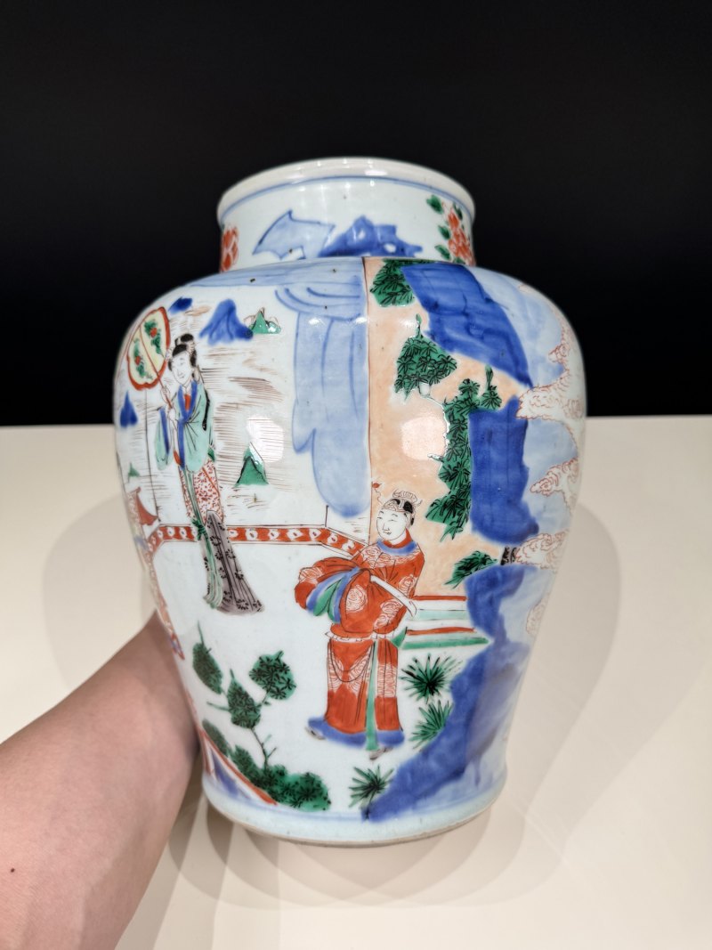 清顺治-康熙 青花五彩打龙袍之李后还朝故事图将军罐 - 图4