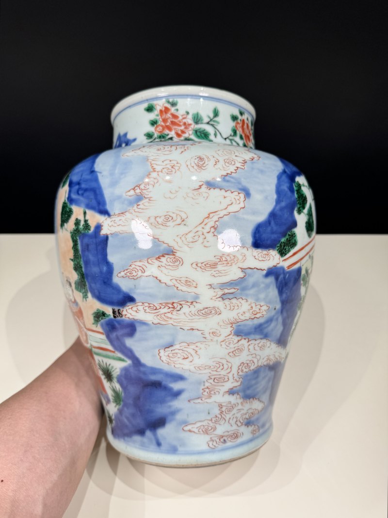 清顺治-康熙 青花五彩打龙袍之李后还朝故事图将军罐 - 图8