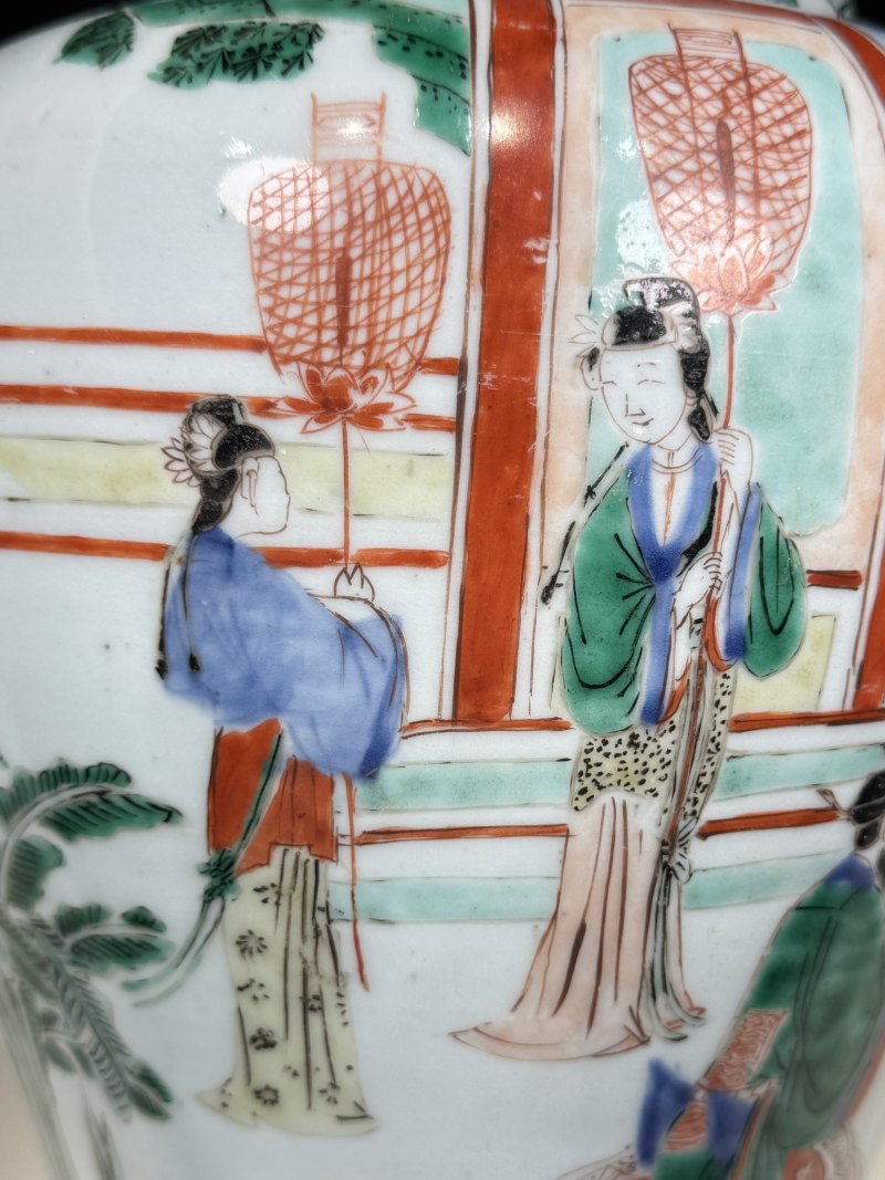 清顺治-康熙 青花五彩打龙袍之李后还朝故事图将军罐 - 图9