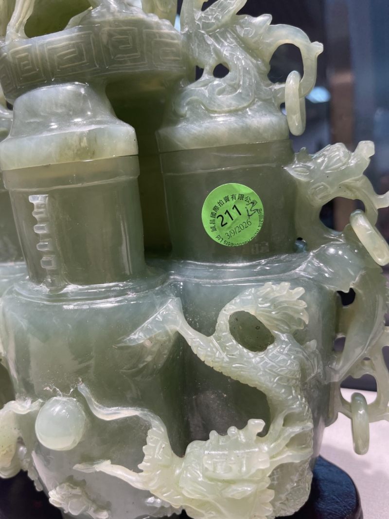    青玉龍紋三聯蓋瓶（連木座） - 图8