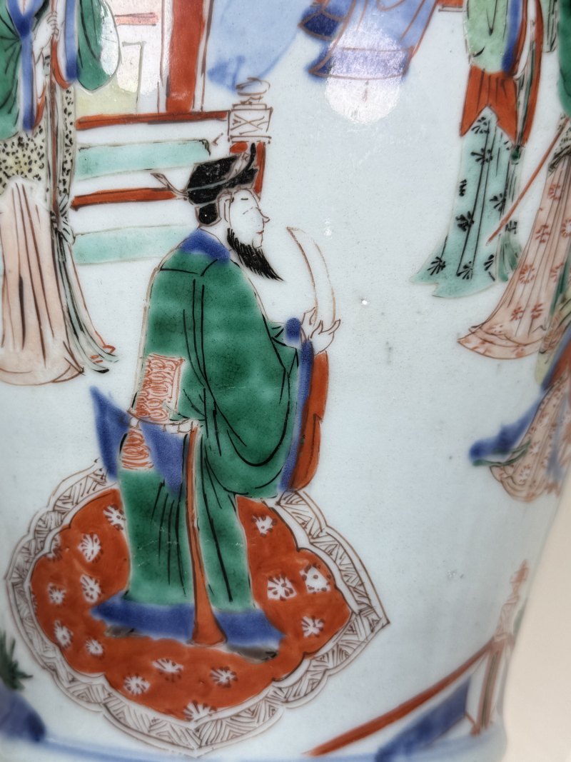 清顺治-康熙 青花五彩打龙袍之李后还朝故事图将军罐 - 图10