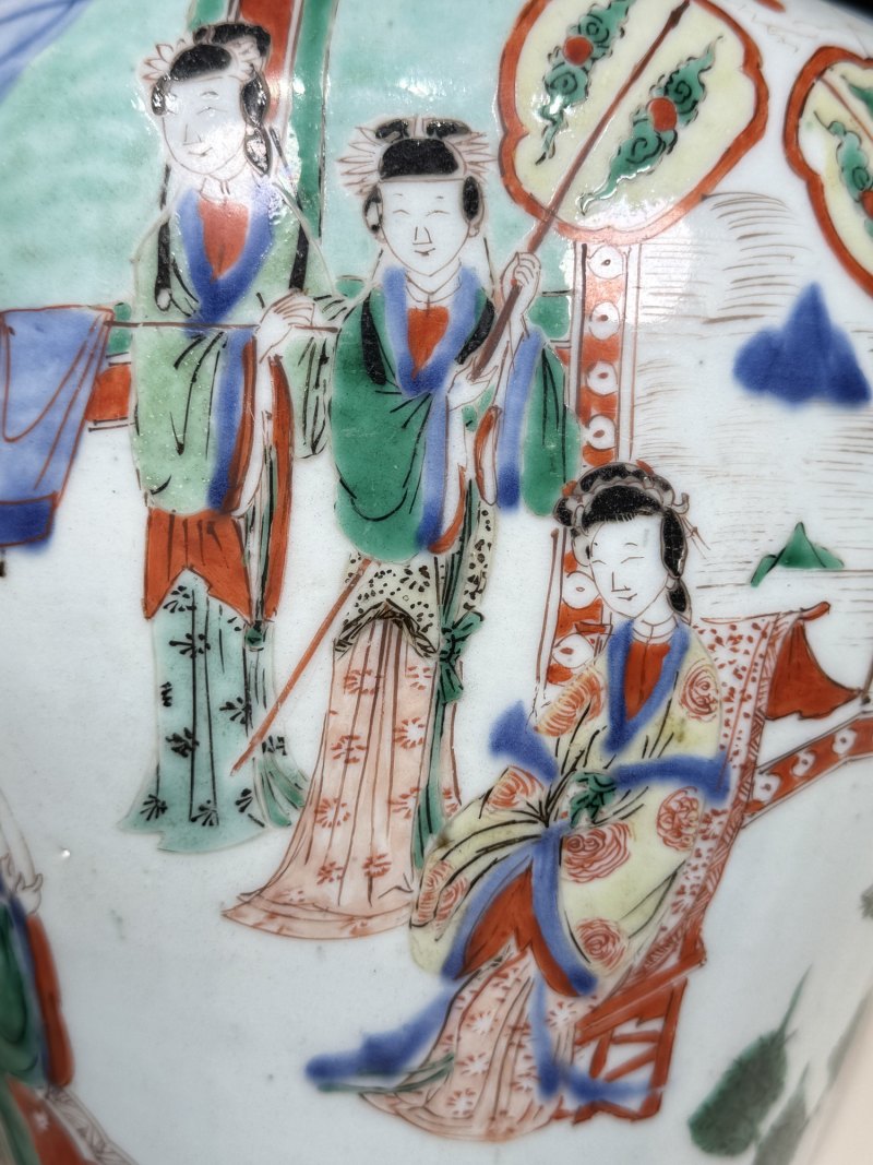 清顺治-康熙 青花五彩打龙袍之李后还朝故事图将军罐 - 图11