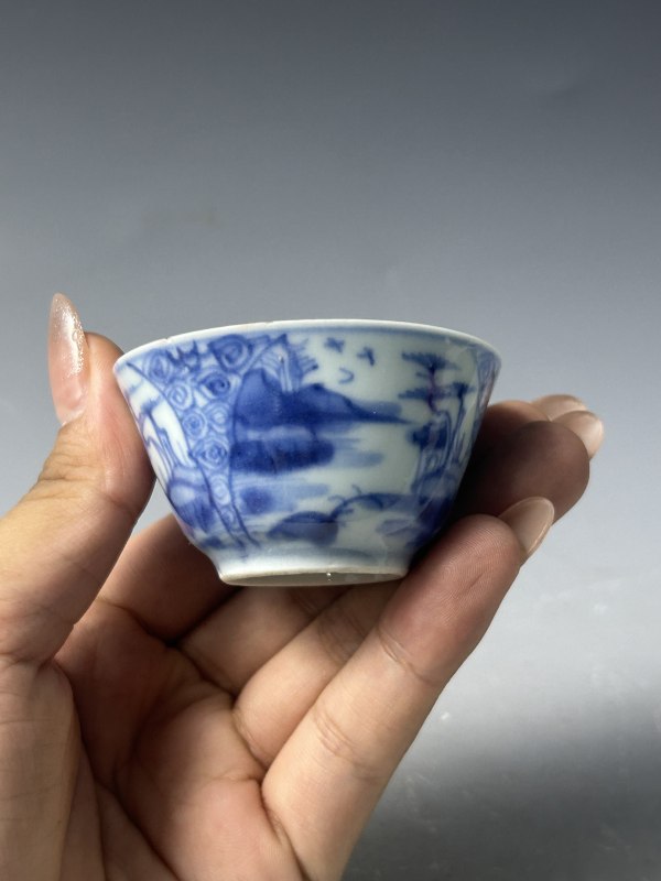 清康熙 青花山水人物小杯 - 图2