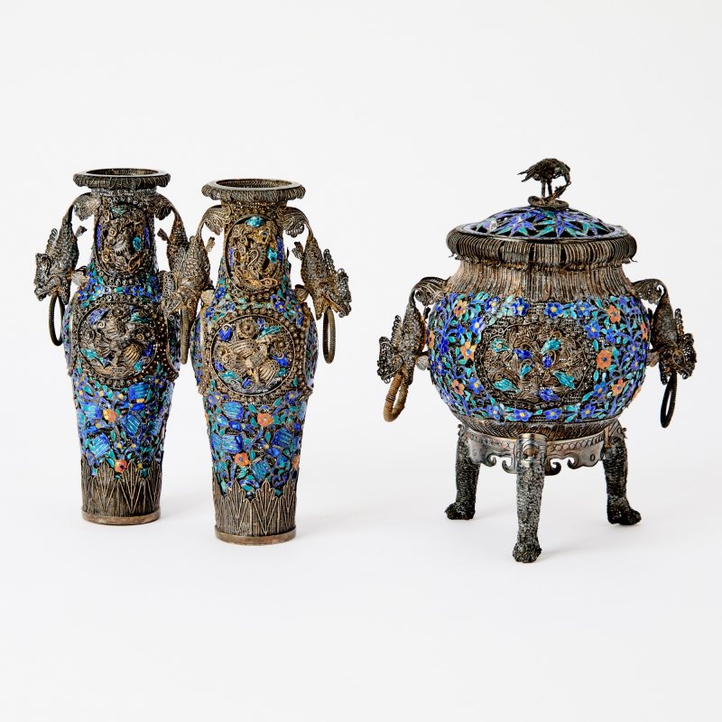A Chinese Silver Filigree and Enamel Three-Piece Garniture