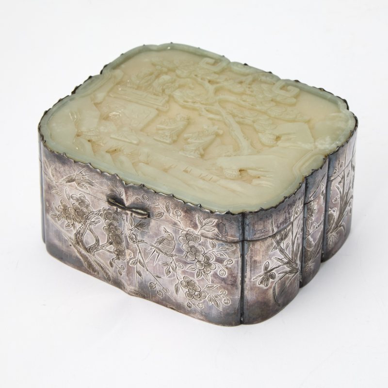 A Chinese Engraved Silver Box and a Celadon-Jade-Inset Cover