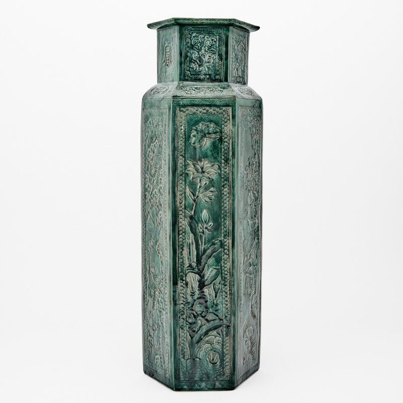A Chinese Molded Green Glazed Porcelain Hexagonal Vase