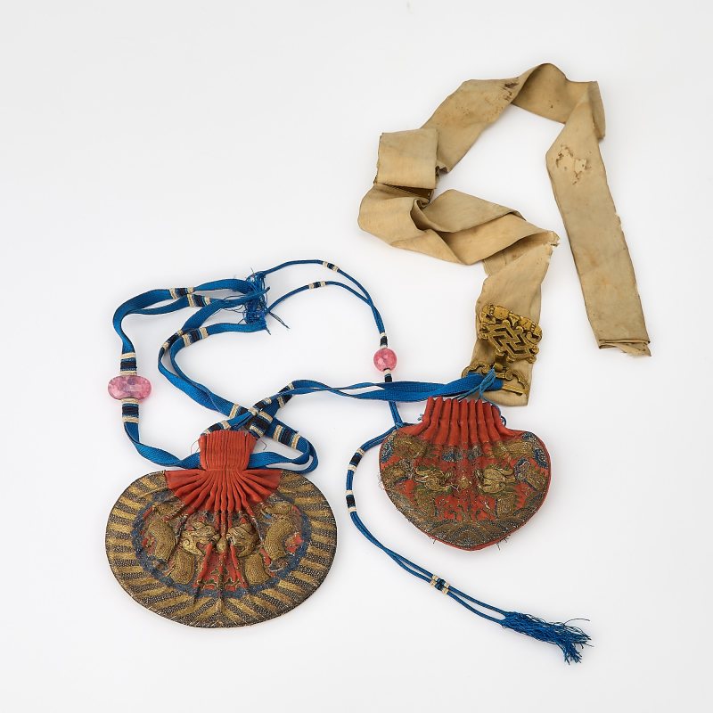 Two Chinese Embroidered Silk Purses, Hebao, with Gilt Bronze Clasp