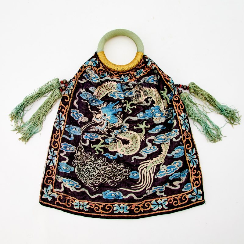 A Chinese Silk Embroidery Pouch with a Pair of Celadon Jade Handles