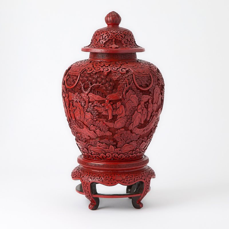 A Chinese Carved Cinnabar Lacquer Vase and Stand