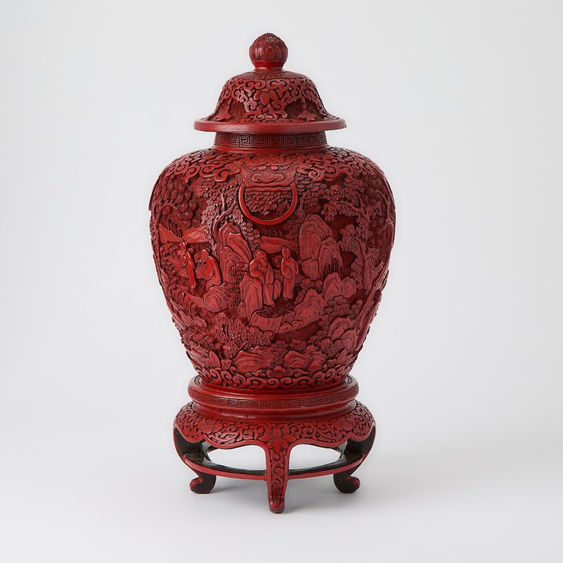 A Chinese Carved Cinnabar Lacquer Vase and Stand - 图2