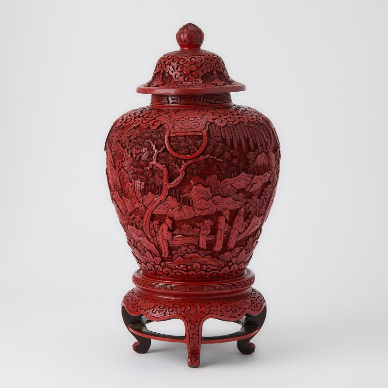 A Chinese Carved Cinnabar Lacquer Vase and Stand - 图3