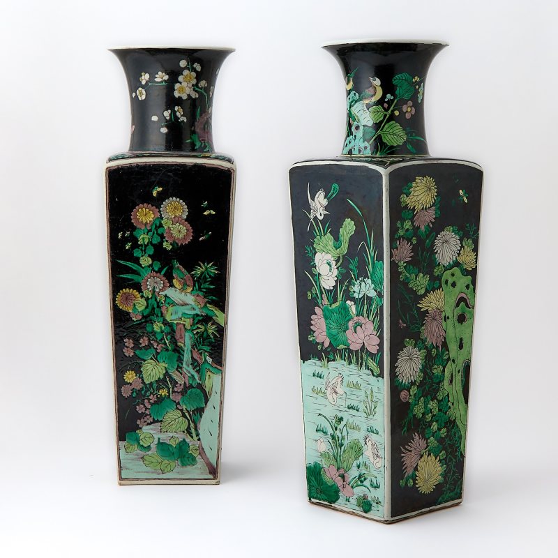 A Pair of Chinese Famille Noire Porcelain Square Vases