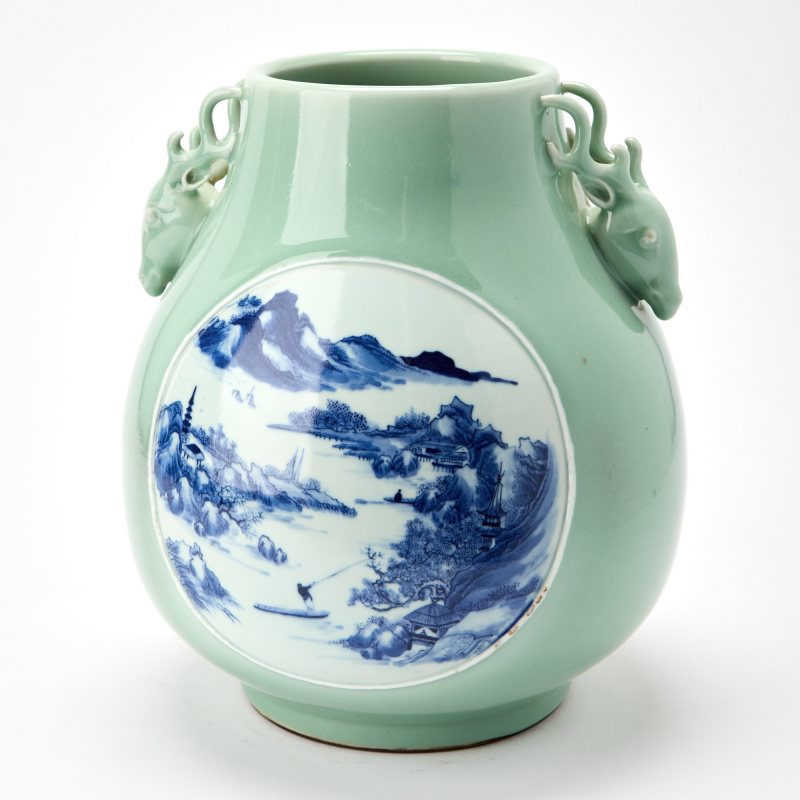 A Chinese Blue and White and Celadon Glazed Porcelain Hu Vase