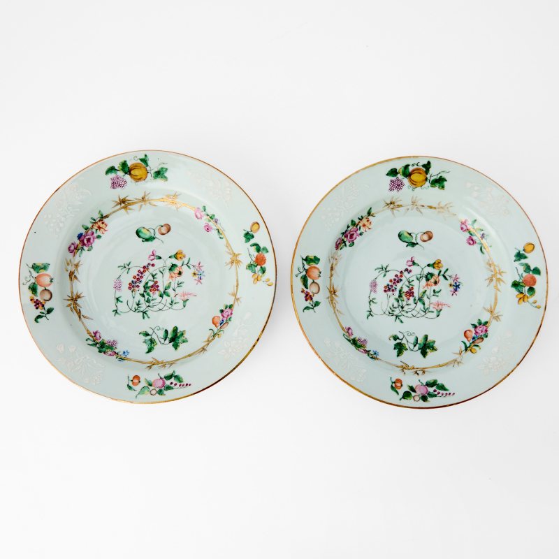 A Rare Pair of Swedish-Market Chinese Export Slip-Decorated and Enameled Porcelain Plates