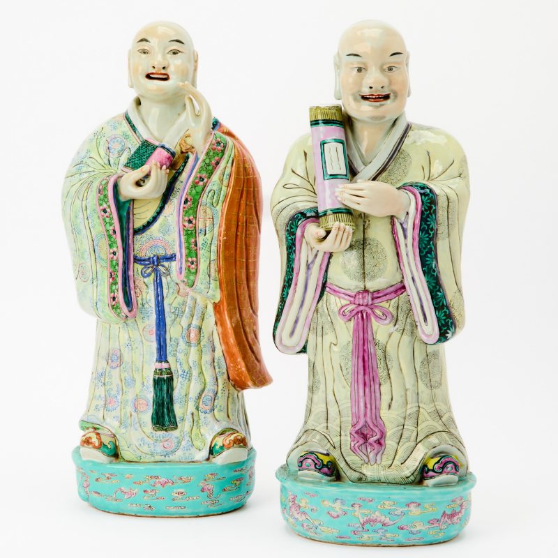 A Pair of Large Chinese Famille Rose Porcelain Figures of Luohan