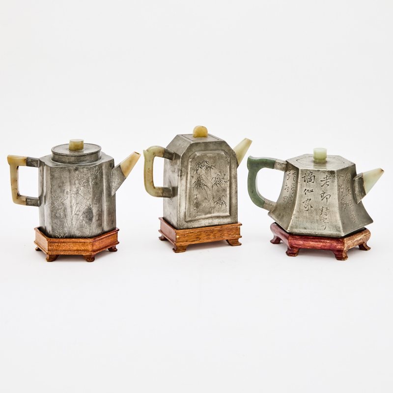 Three Chinese Pewter-Encased Yixing Teapots