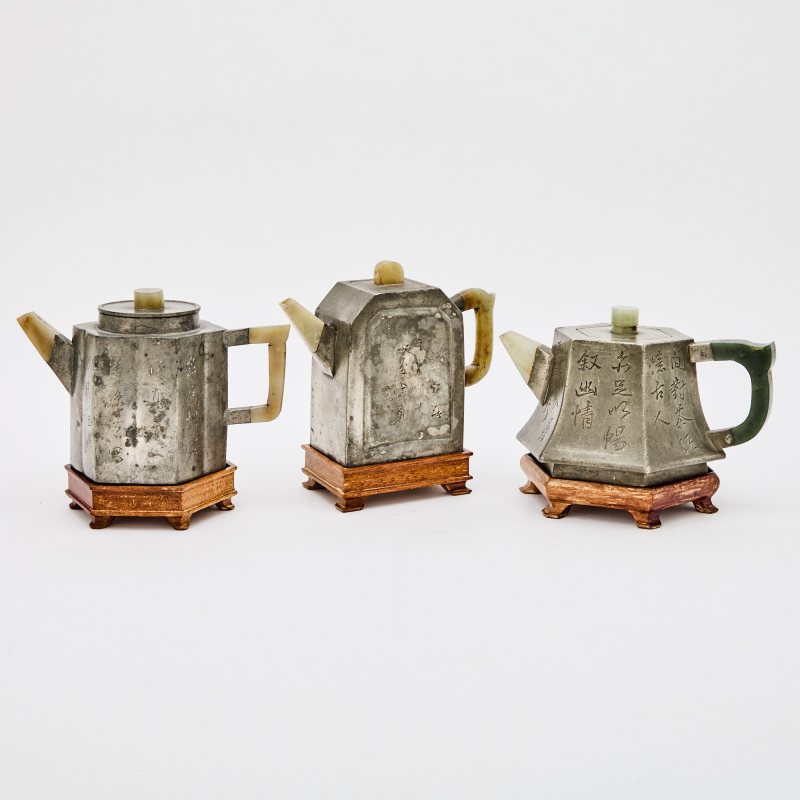 Three Chinese Pewter-Encased Yixing Teapots - 图2