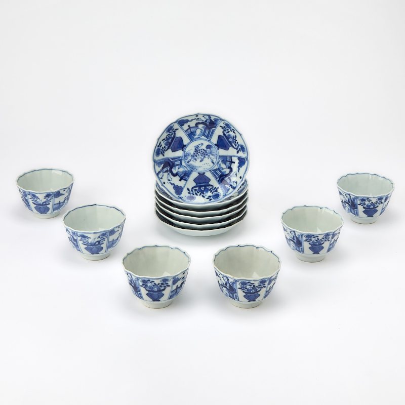 A Group of Chinese Blue and White Porcelain Cups and Saucer Dishes