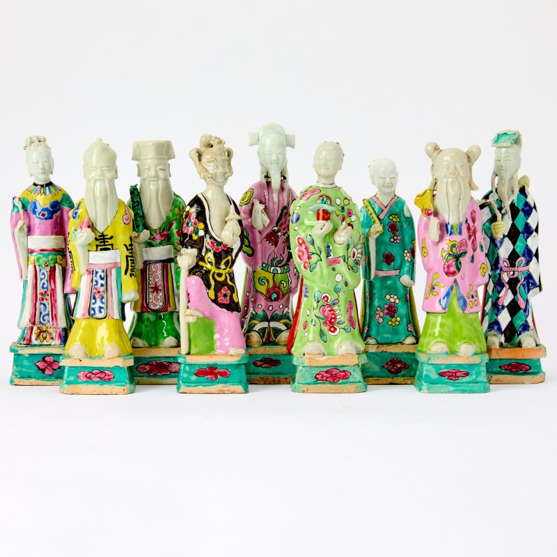 A Group of Nine Chinese Famille Rose Porcelain Figures of Immortals