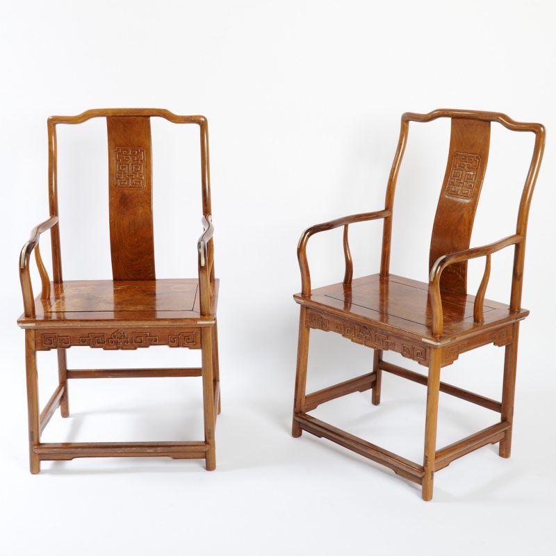 A Pair of Chinese Huanghuali and Mixed Hardwood Yokeback Armchairs, Nanguanmaoyi