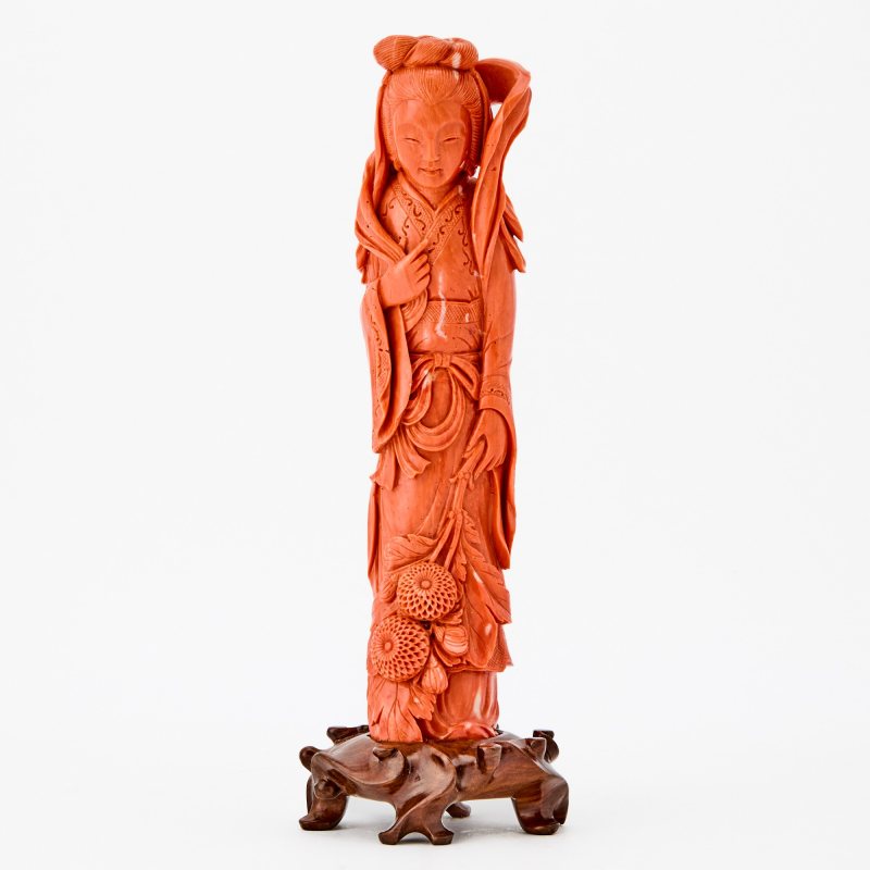 A Chinese Carved Coral Figure of a Meiren