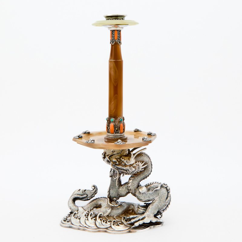 A Fine and Unusual Chinese Silver and Agate Candle Holder