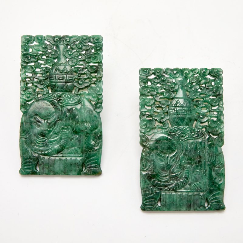 A Pair of Chinese Carved Chloromelanite Jadeite Plaques