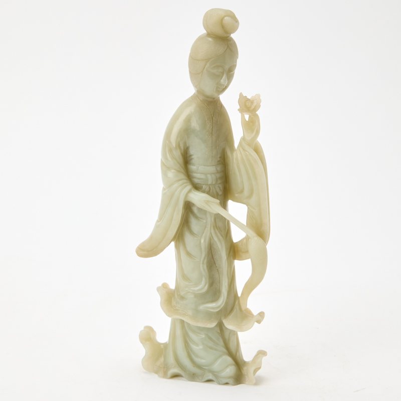 A Chinese Celadon Jade Figure of a Meiren